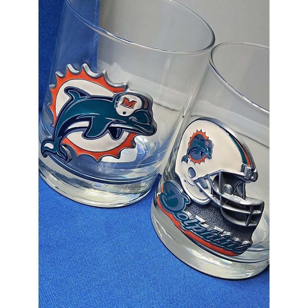 Miami Dolphins Lowball Glass Old Fashioned Rocks Vintage 3D METAL LOGO 90s Y2K